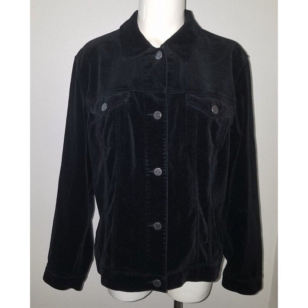 Eddie Bauer Solid Black Button Front Jacket Velve… - image 1